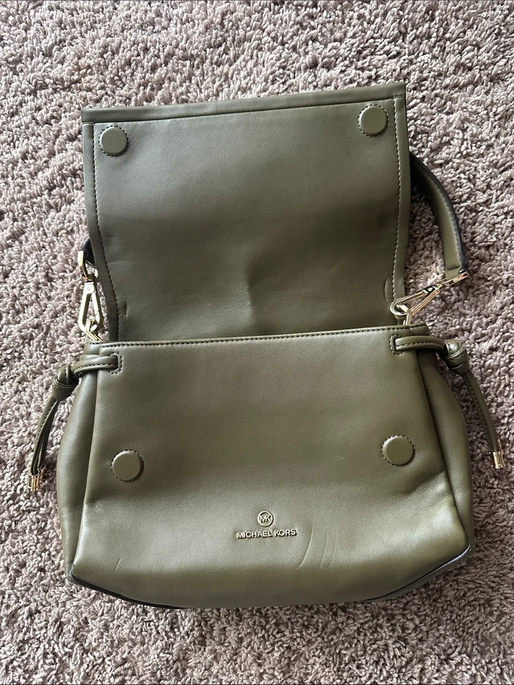 Michael Kors Olive Green Leather Shoulder Bag with Gold Accents